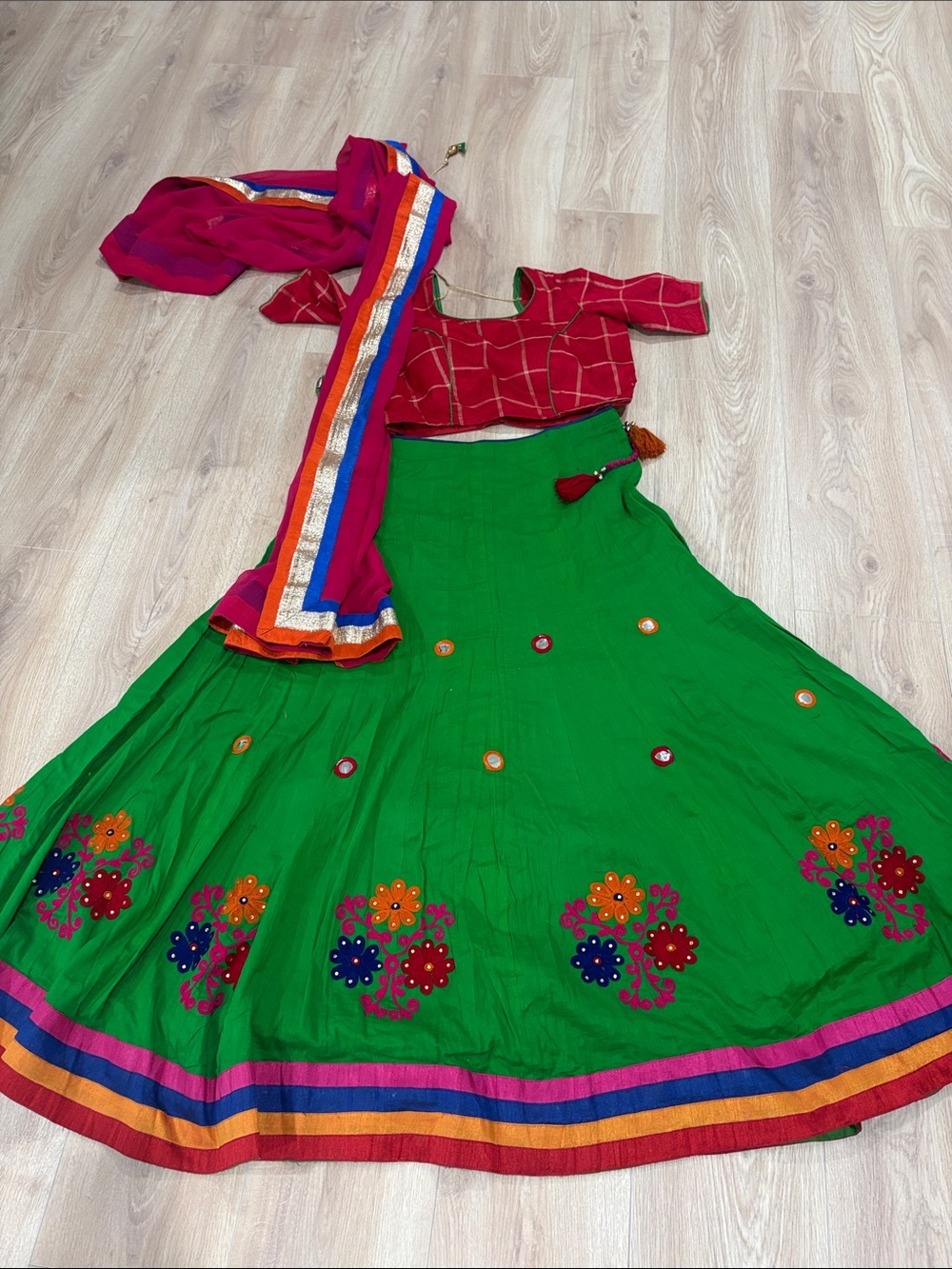 Green Floral Embroidered Lehenga Skirt with Red Blouse and Pink Dupatta